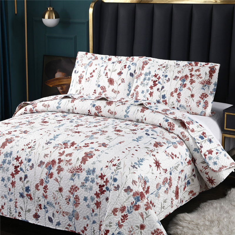 Rosalind Wheeler Burgin Red Flowers Microfiber Reversible 3 Piece Quilt